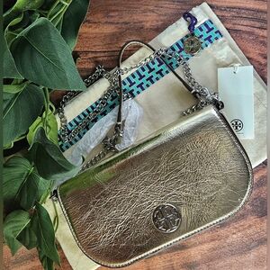 Tory Burch gold silver Chelsea metallic crossbody shoulder bag nwt with dust bag